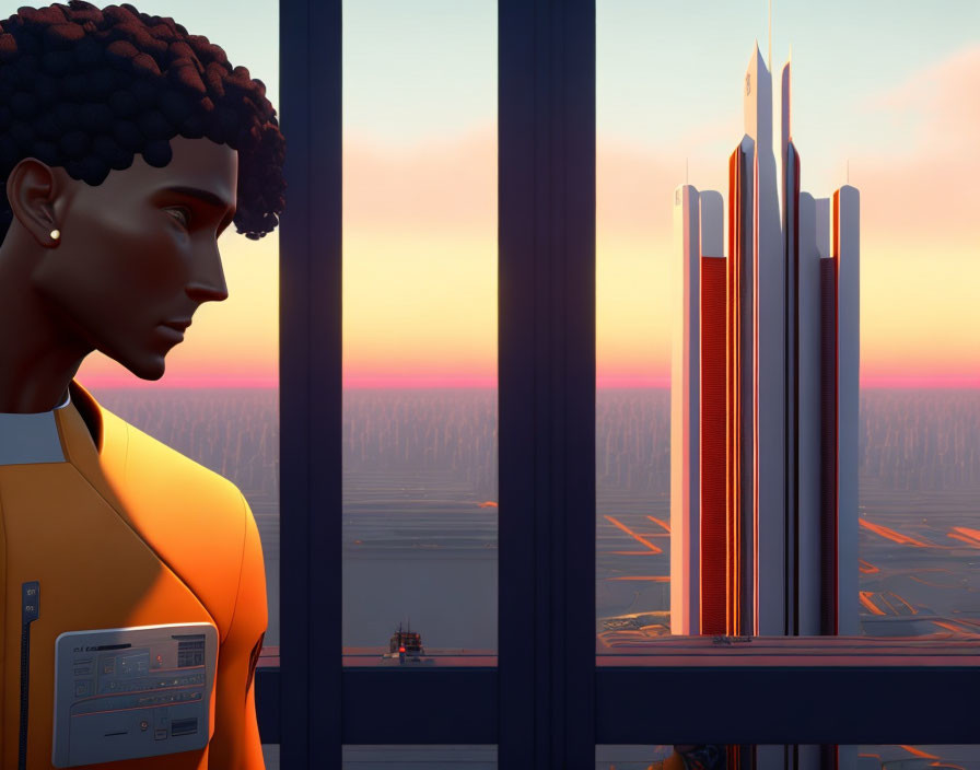 Digital artwork of person in futuristic yellow outfit looking at tall structure in orange sunset skyline