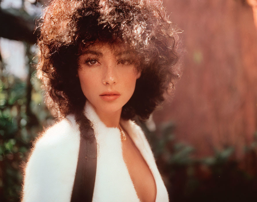 Curly-haired woman in white fur coat with deep gaze.