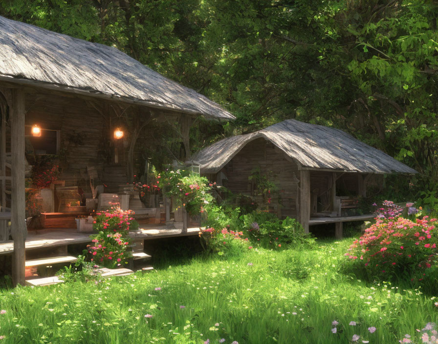 Rustic wooden cabins in idyllic forest clearing