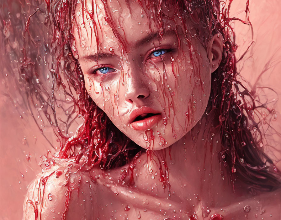 Woman with Wet Curly Red Hair in Rain Shower