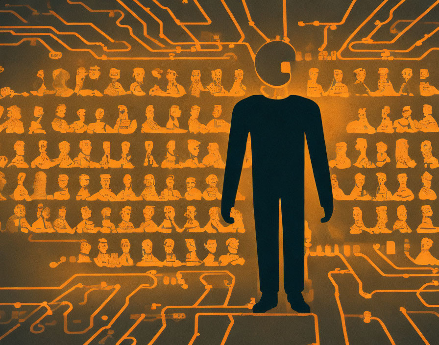 Silhouette of person on stylized circuit board with vintage human figures