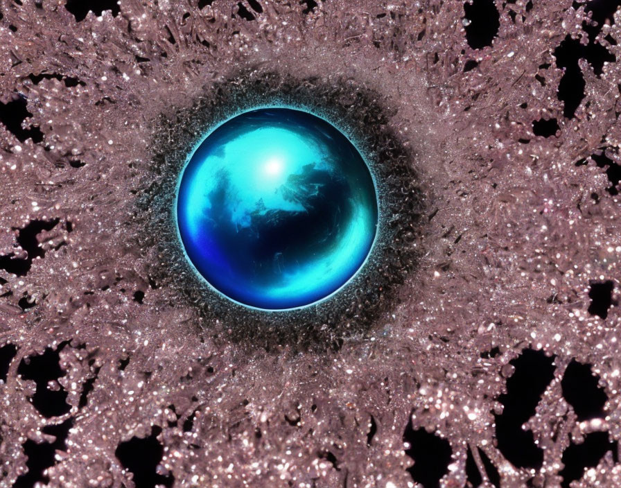 Blue Sphere in Pink Coral Structure on Black Background