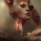 Surreal artwork featuring two figures with glowing red accents in ethereal background