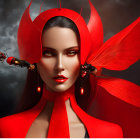 Digital Art: Woman in Red Winged Costume with Mechanical Insect in Blurred Background