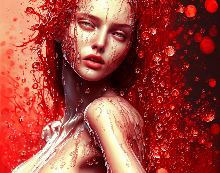 Digital Art: Woman with Red Hair and Water Droplets on Skin, Vibrant Red Background and Floating