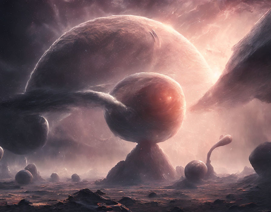 Gigantic intertwined planets over rocky terrain in surreal landscape