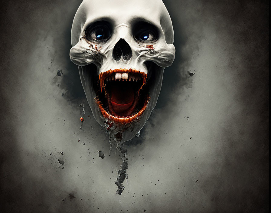 Digital skull image with exaggerated open mouth on dark textured background