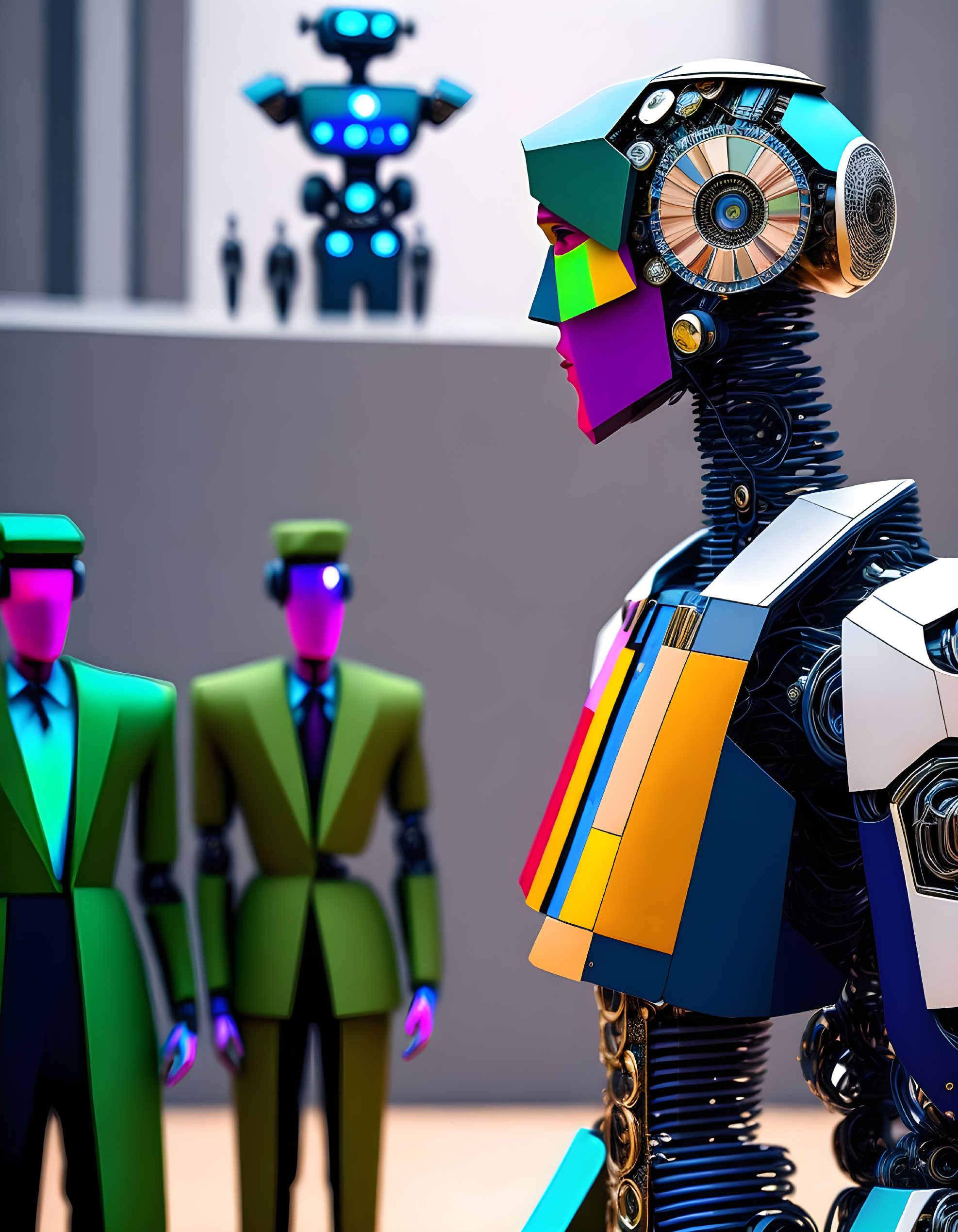 Colorful futuristic robot and humanoid figures in green suits with purple faces.