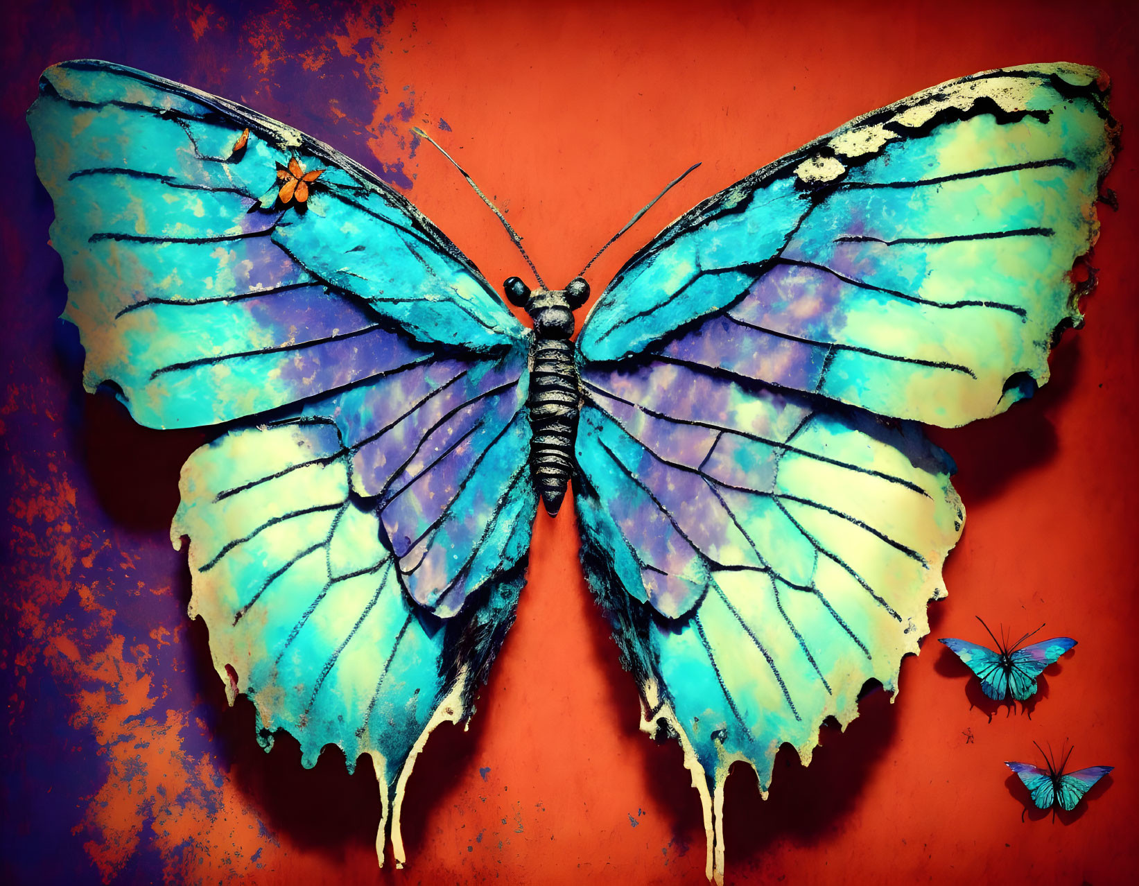 Colorful Blue Butterfly Wings on Orange and Red Textured Background