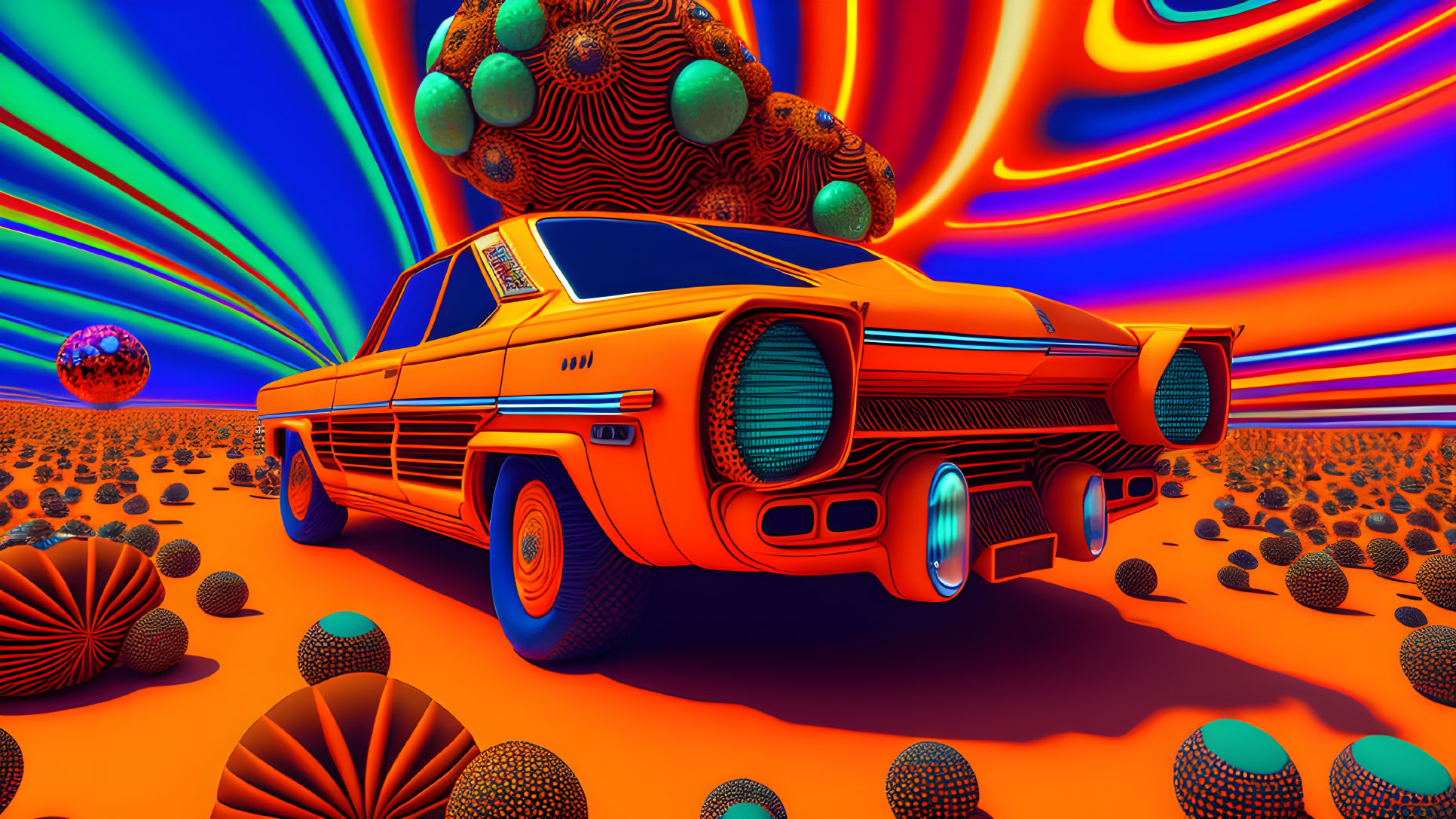 Futuristic orange car in surreal desert landscape