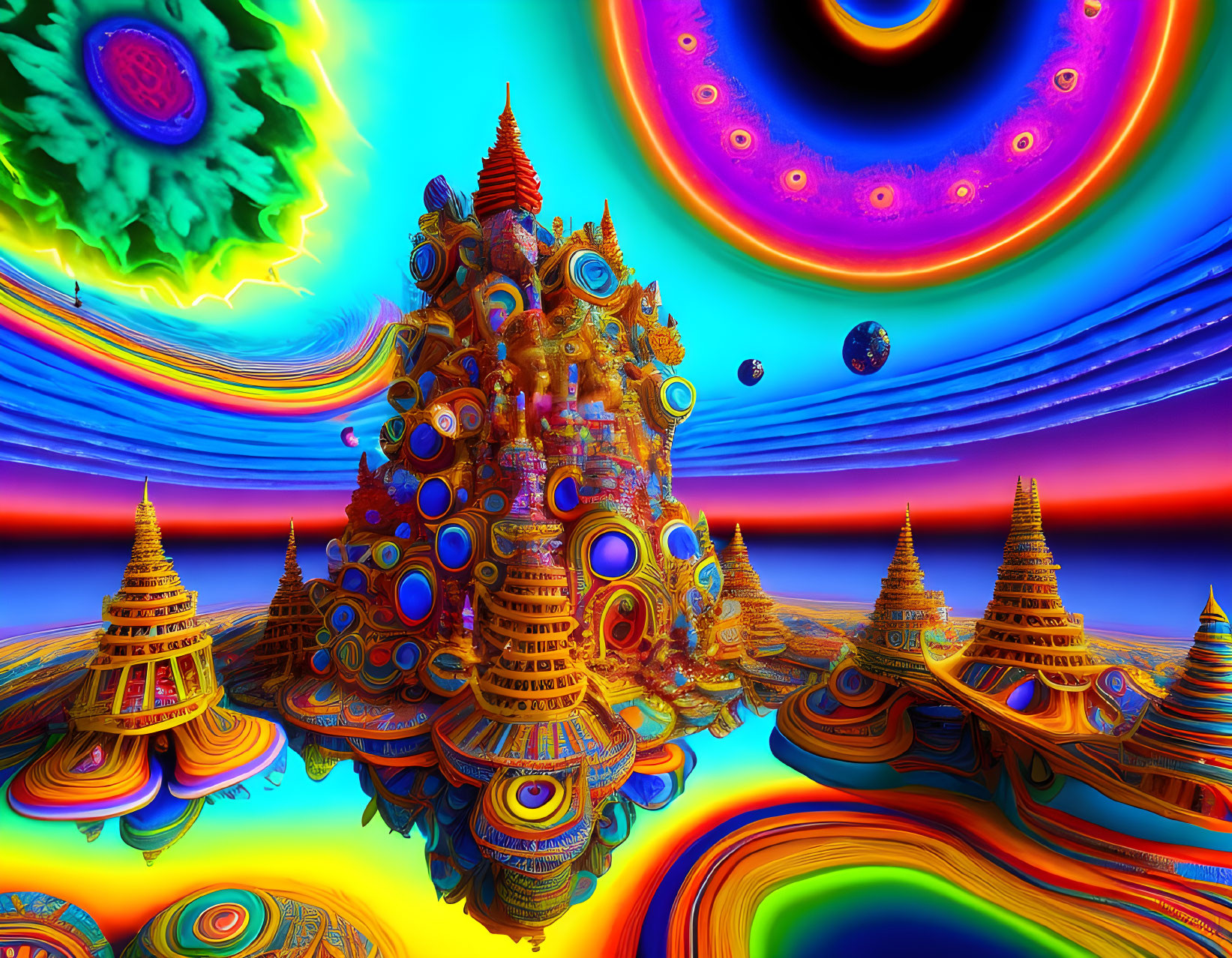 Colorful Fractal Landscape with Temple Structures and Orbs