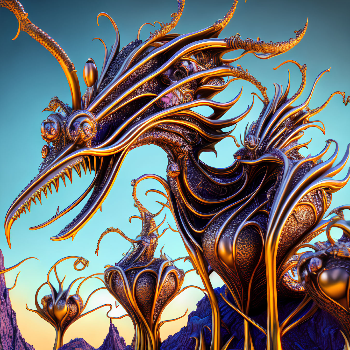 Colorful 3D Fractal Dragon in Twilight Sky