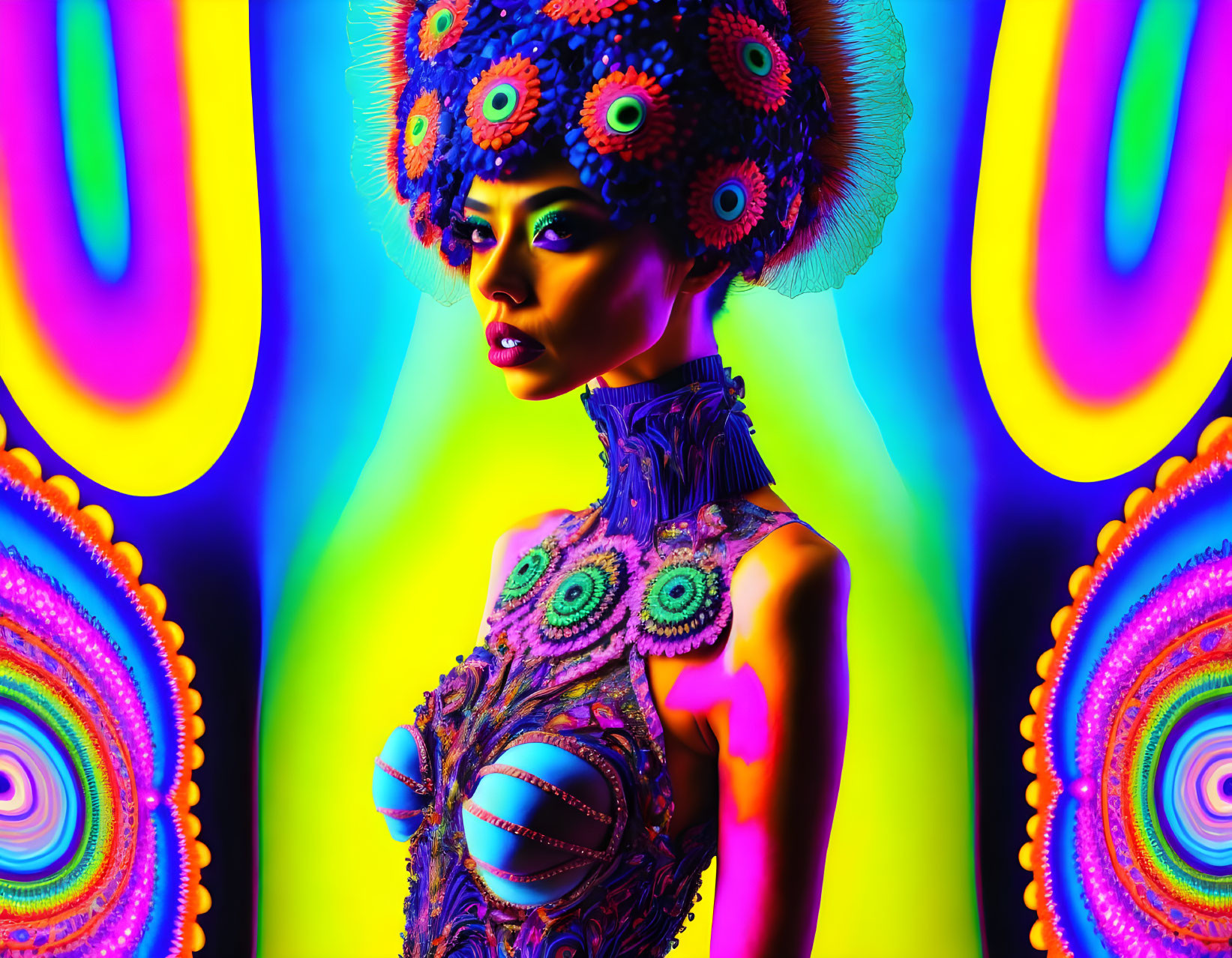 Colorful digital artwork of woman with neon psychedelic patterns