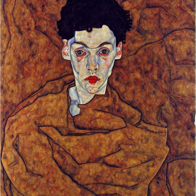 Person with pale skin and red lips in expressionist style against textured background