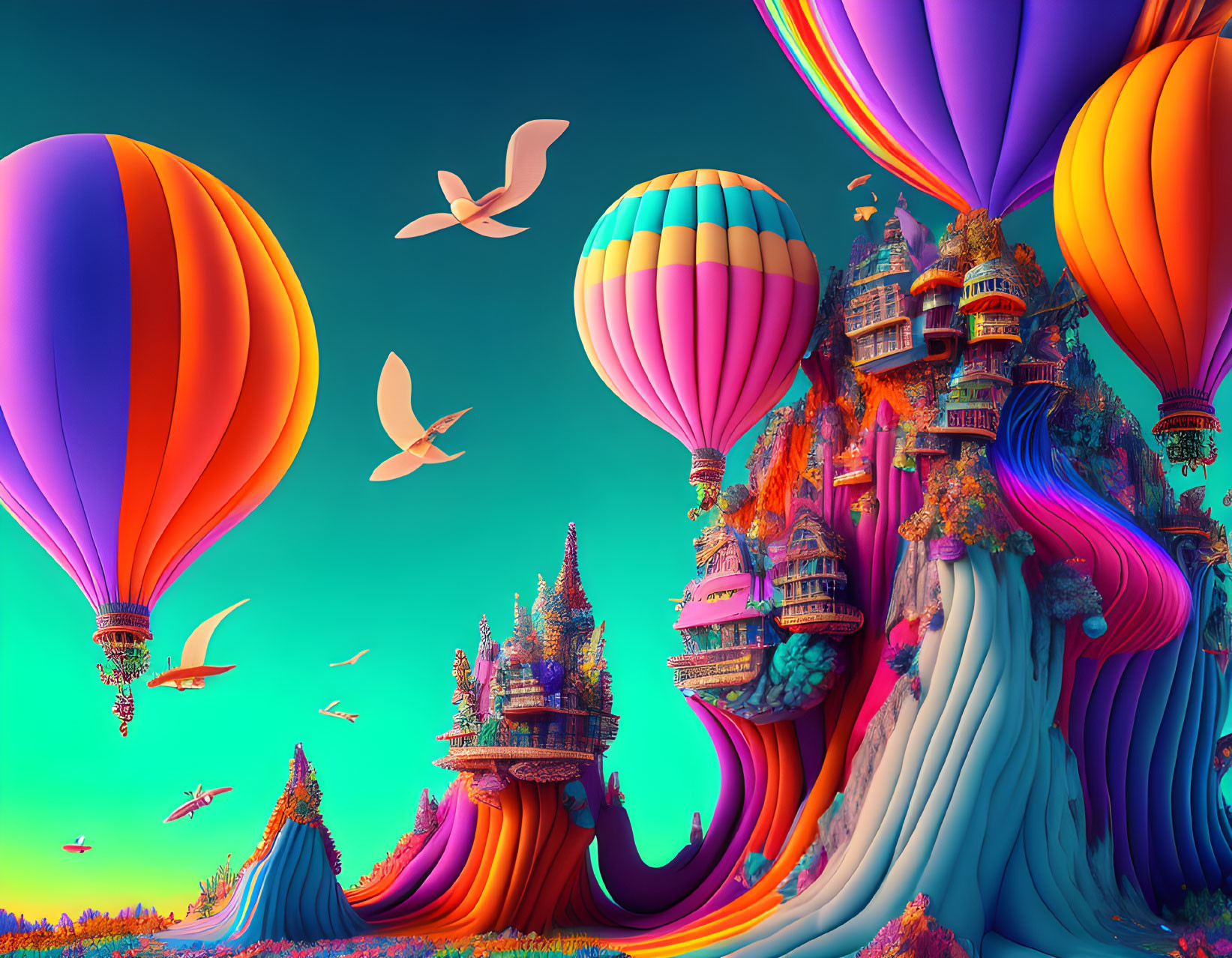 Vibrant Fantasy Landscape with Castles, Hot Air Balloons, and Birds