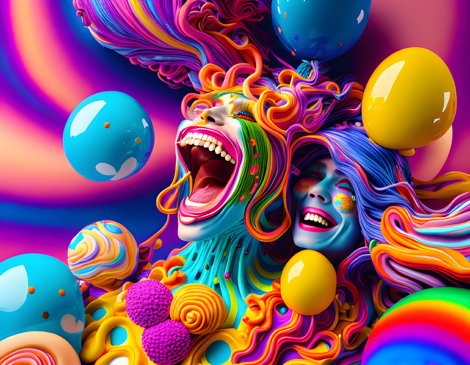 Colorful 3D Artwork: Laughing Faces with Swirling Hair & Glossy Spheres