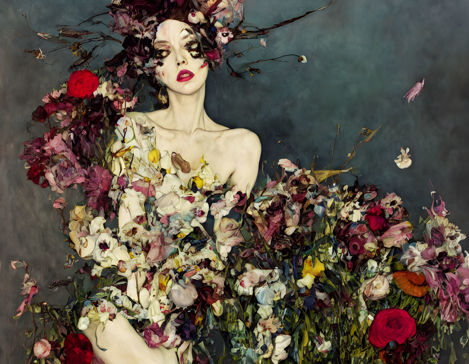 Portrait of woman with dark makeup and pale skin among colorful flowers