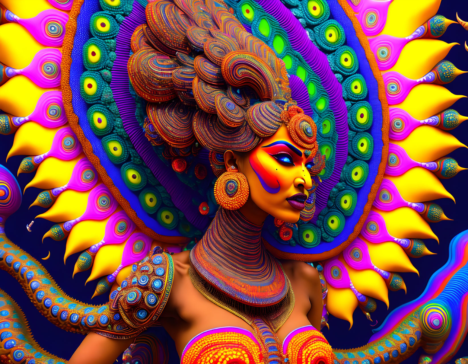 Colorful digital art: Woman with peacock feather hair and jewelry on psychedelic backdrop
