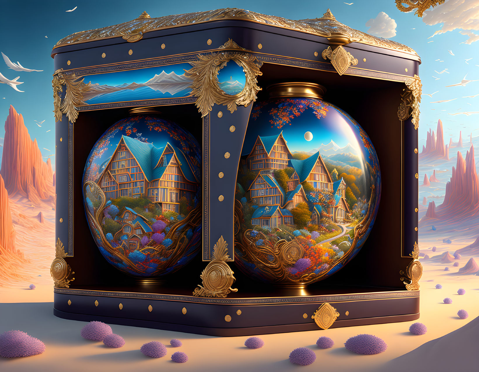 Intricate Golden Music Box with Twilight Village Scene on Alien Desert Landscape