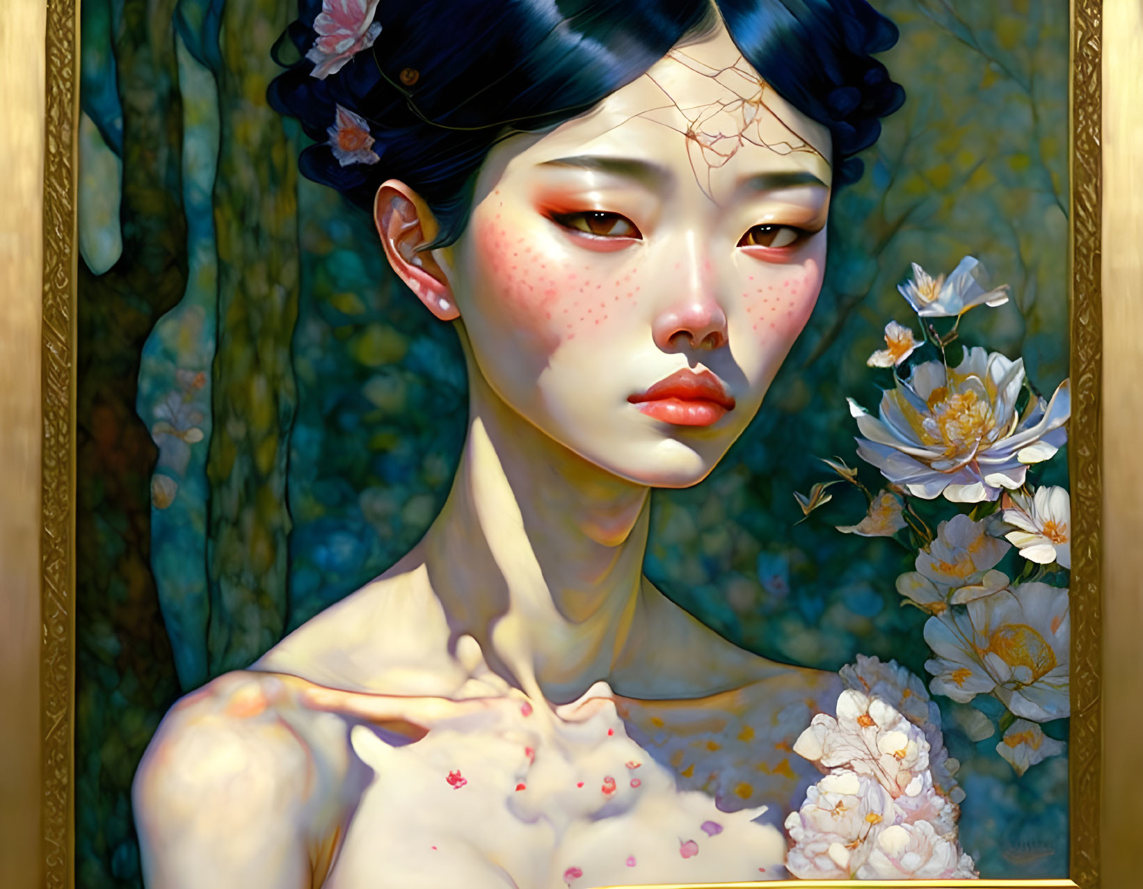 Illustrated portrait with flowers in hair against golden nature backdrop