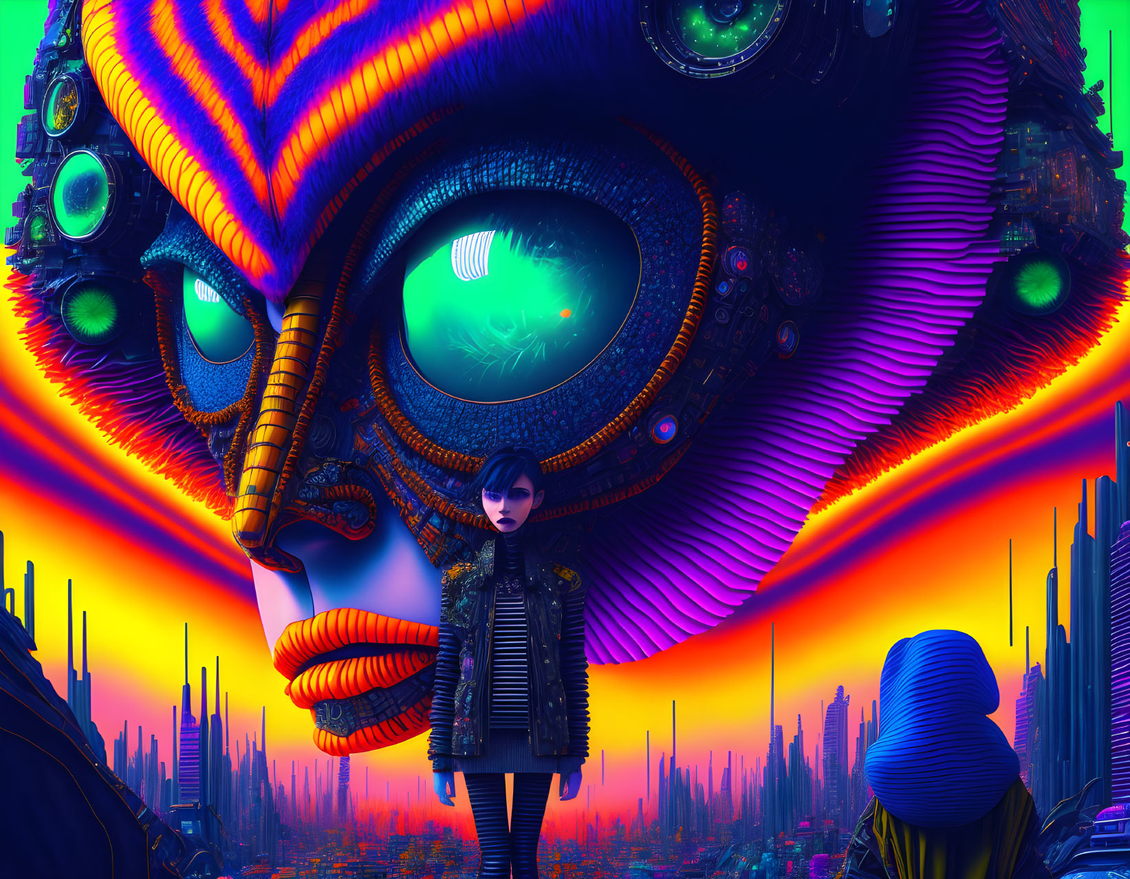 Vibrant multi-eyed creature in futuristic cityscape at sunset