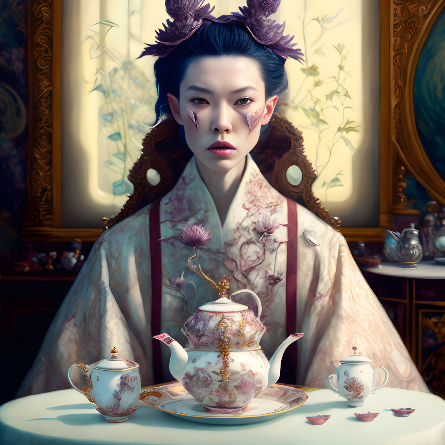 Illustrated woman in traditional attire with teapot set in opulent setting