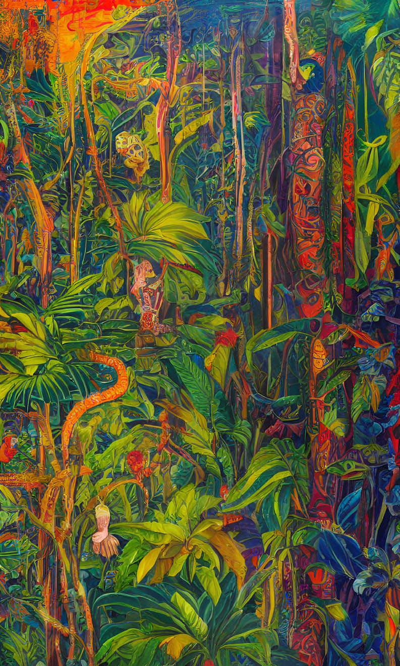 Colorful Jungle Painting with Snake and Hidden Details