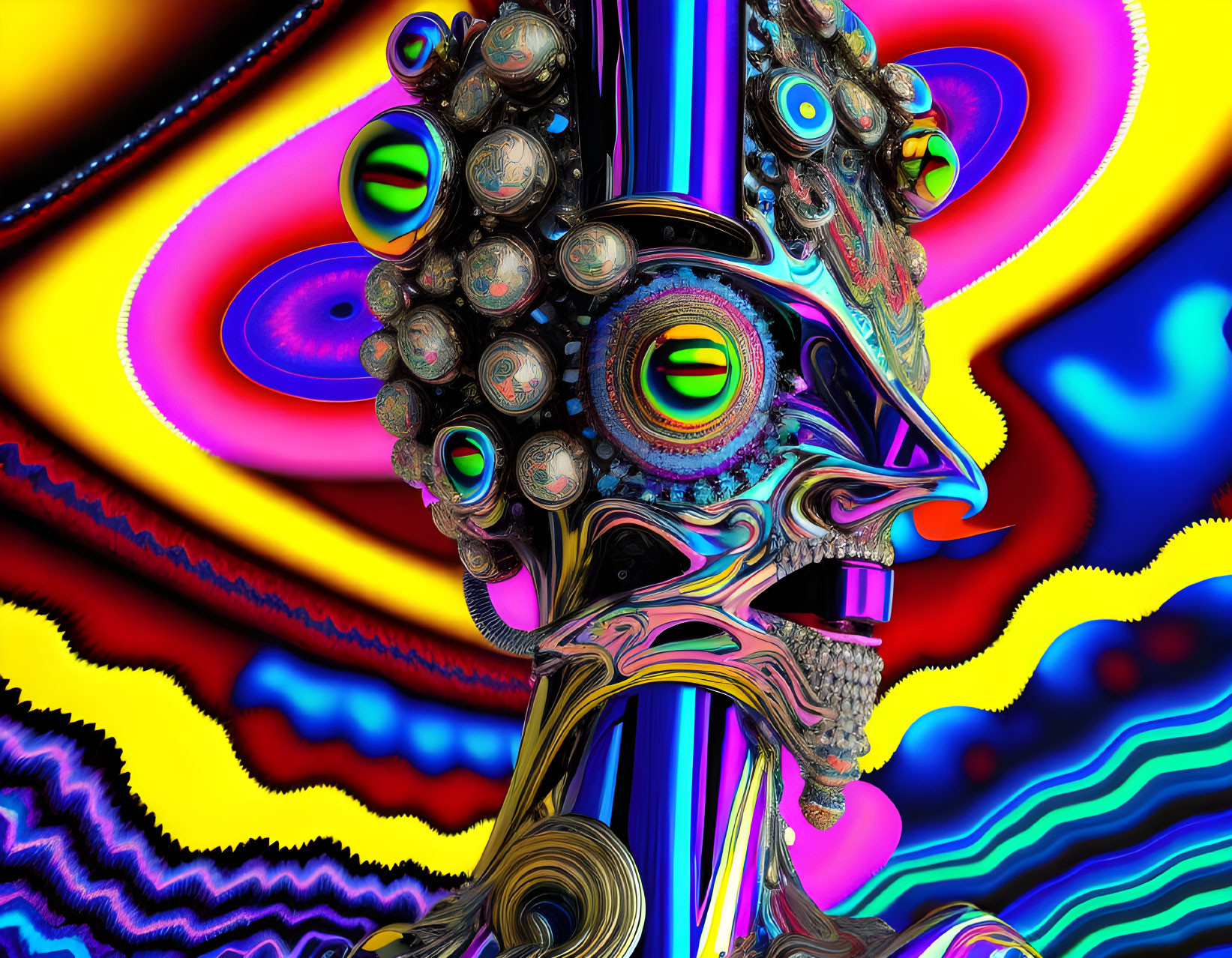 Colorful Surreal Digital Artwork: Multi-eyed Figure in Psychedelic Background