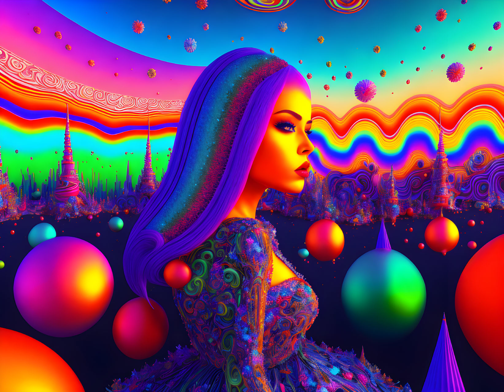 Vibrant surreal digital artwork of woman with glittery hair on psychedelic backdrop