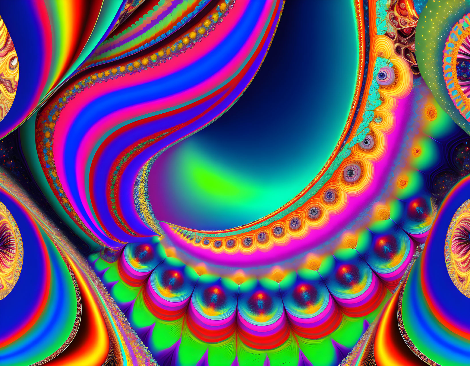 Colorful Fractal Image with Swirling Patterns in Blues, Greens, Yellows, and Reds