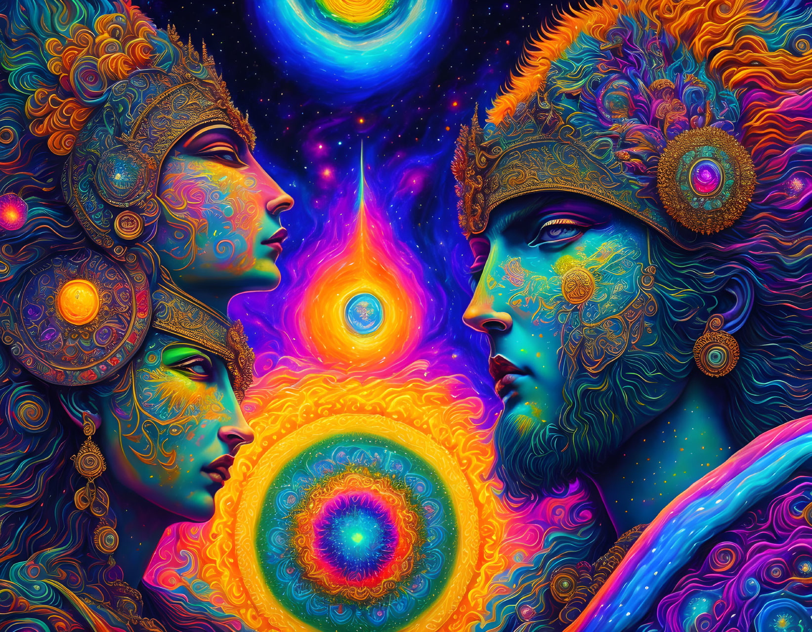 Colorful psychedelic artwork: Two faces in profile with intricate cosmic patterns in blues, purples,