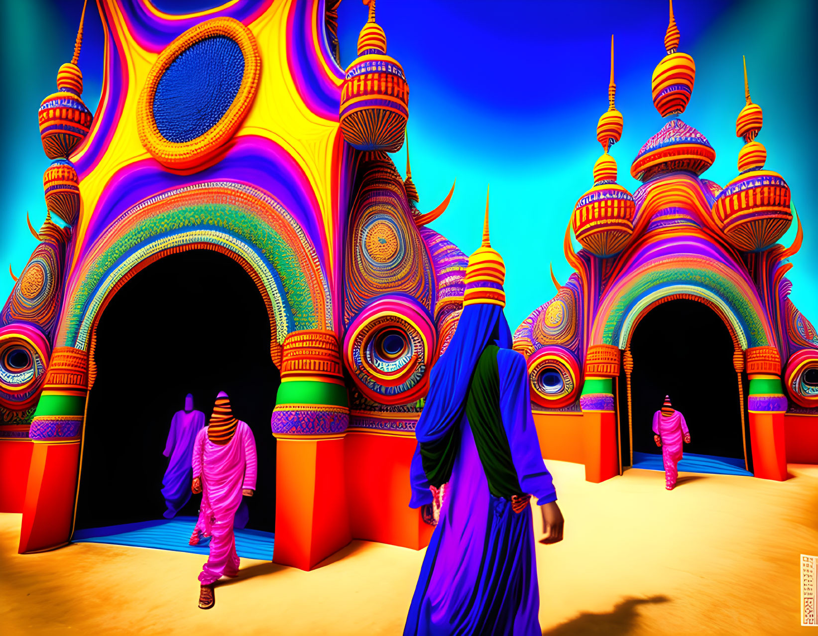 Vibrant psychedelic artwork of figures in robes near ornate structures
