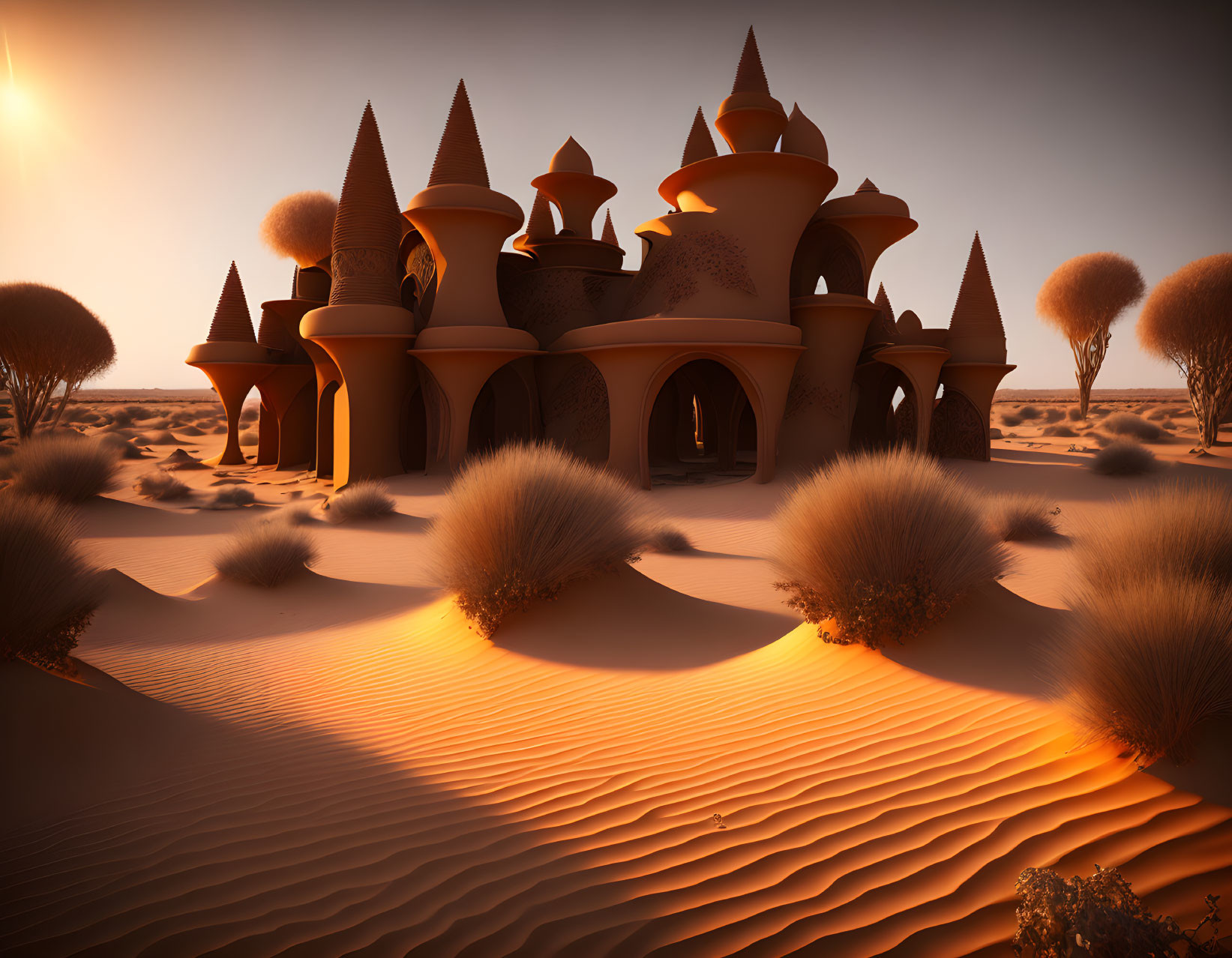 Sandcastle-like Structure in Desert Dunes at Sunset