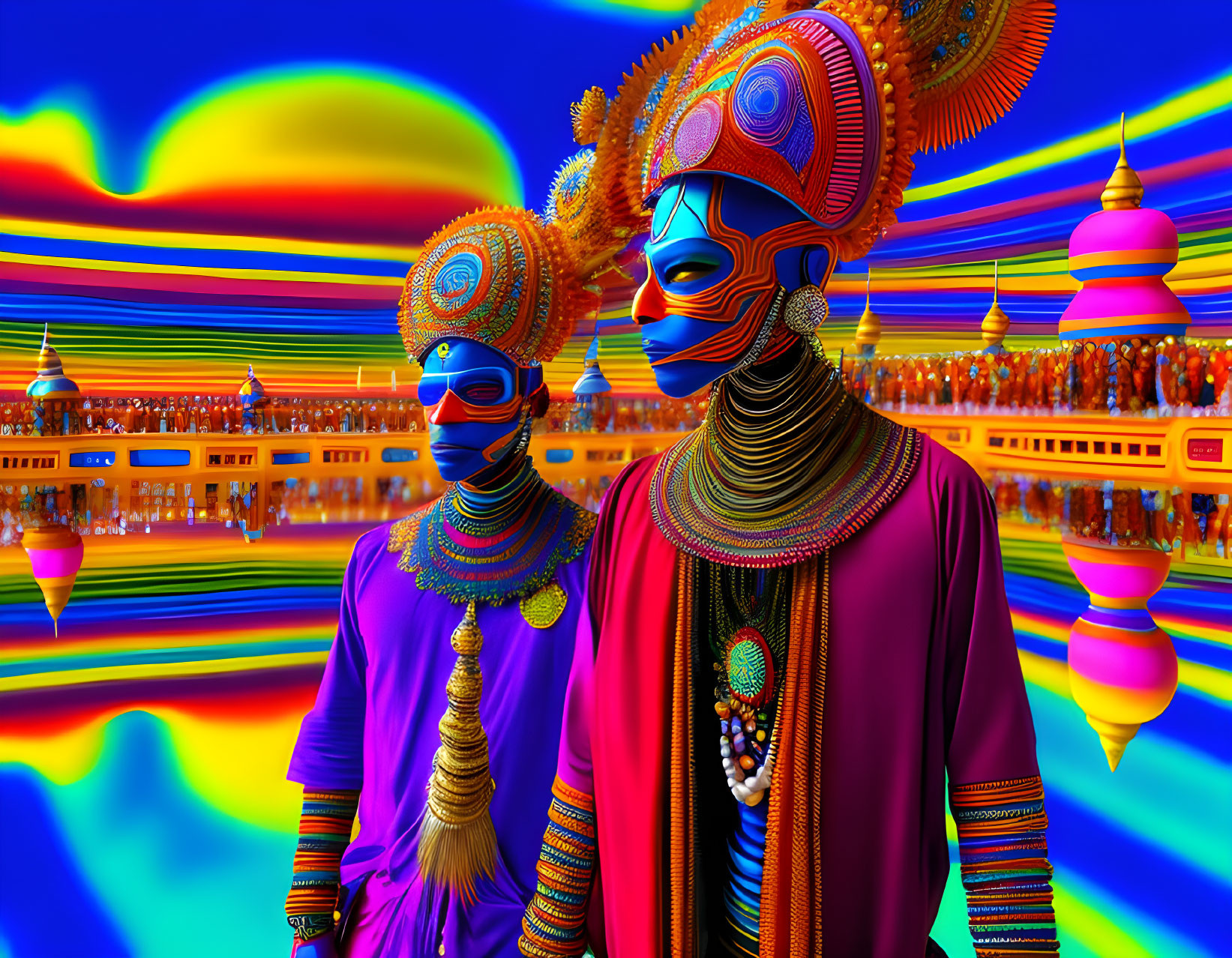 Vibrant surreal figures in colorful attire on psychedelic background