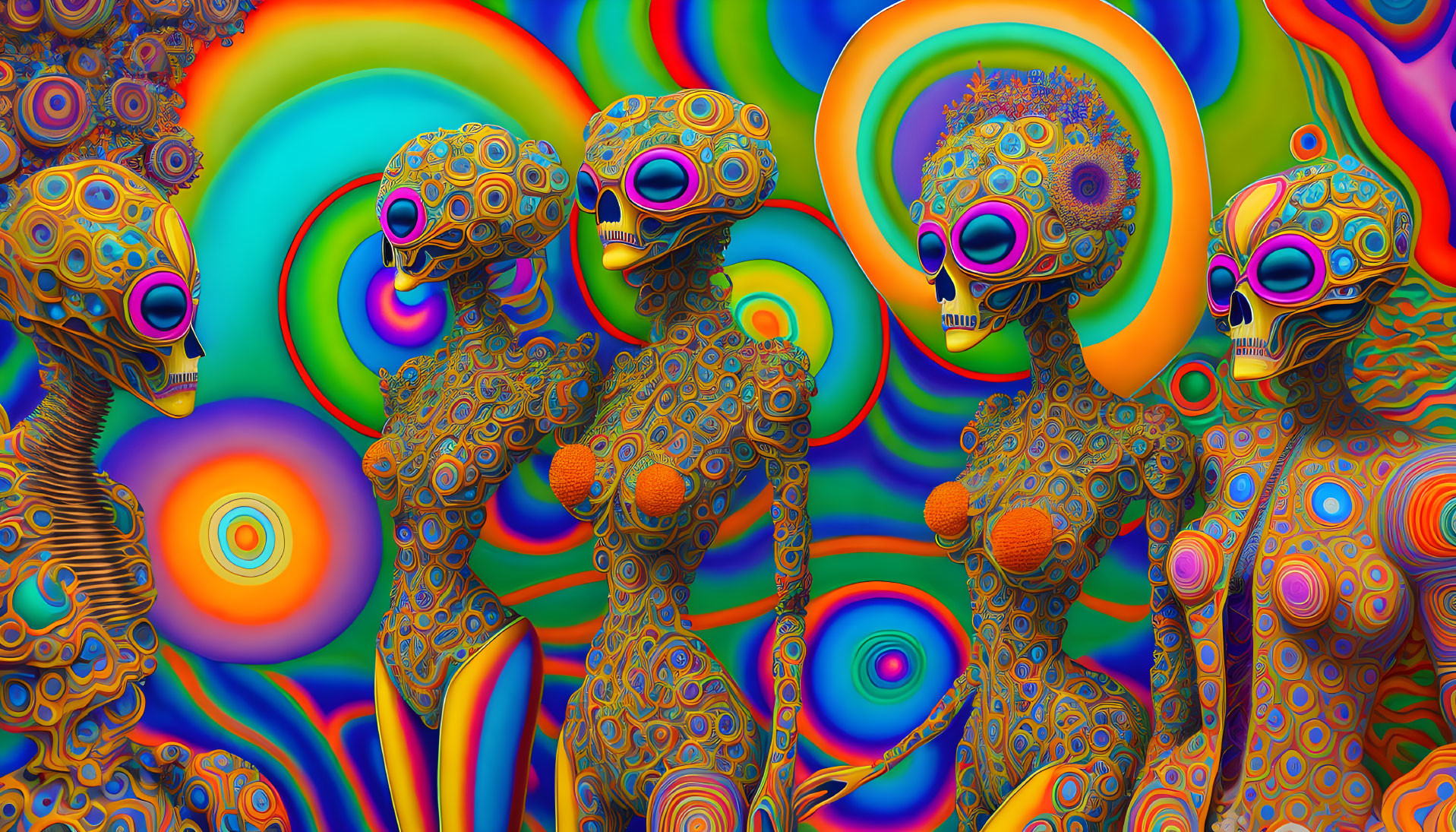 Colorful Psychedelic Artwork: Four Humanoid Figures in Rainbow Circles