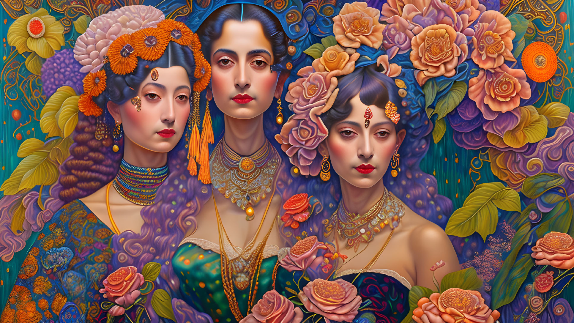 Stylized women with jewelry in vibrant floral setting