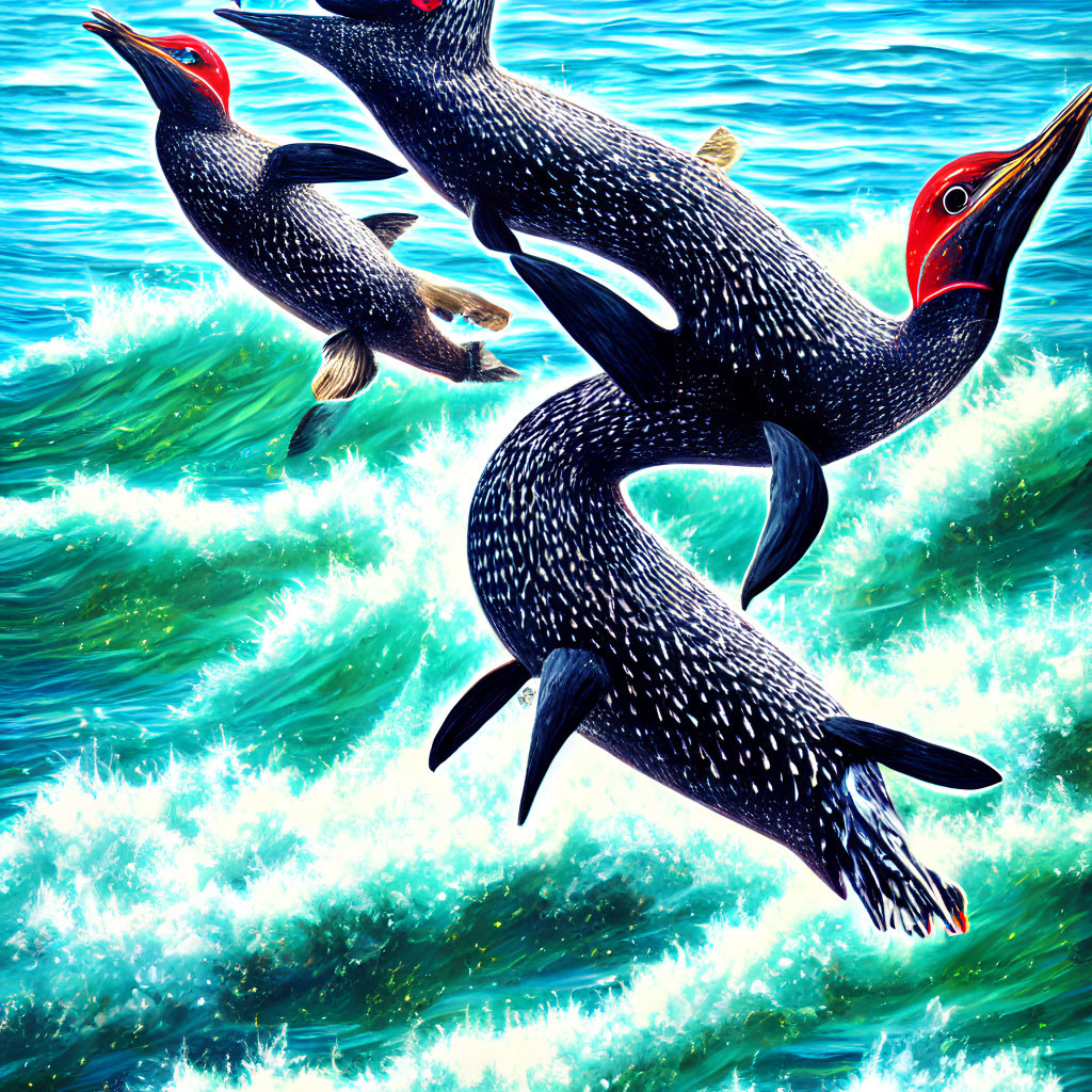 Three penguin-like creatures with red beaks and crests swimming in turquoise waves.