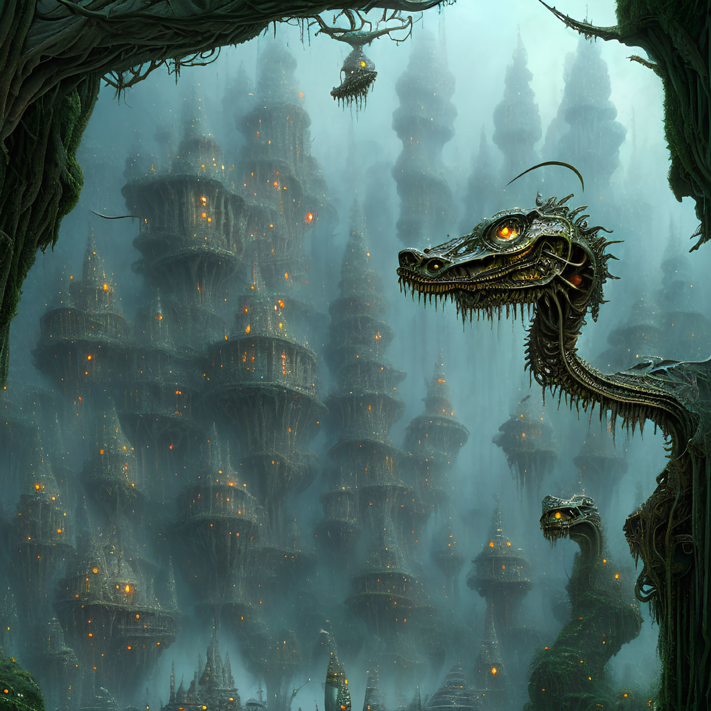 Majestic dragon in misty forest with glowing treehouses