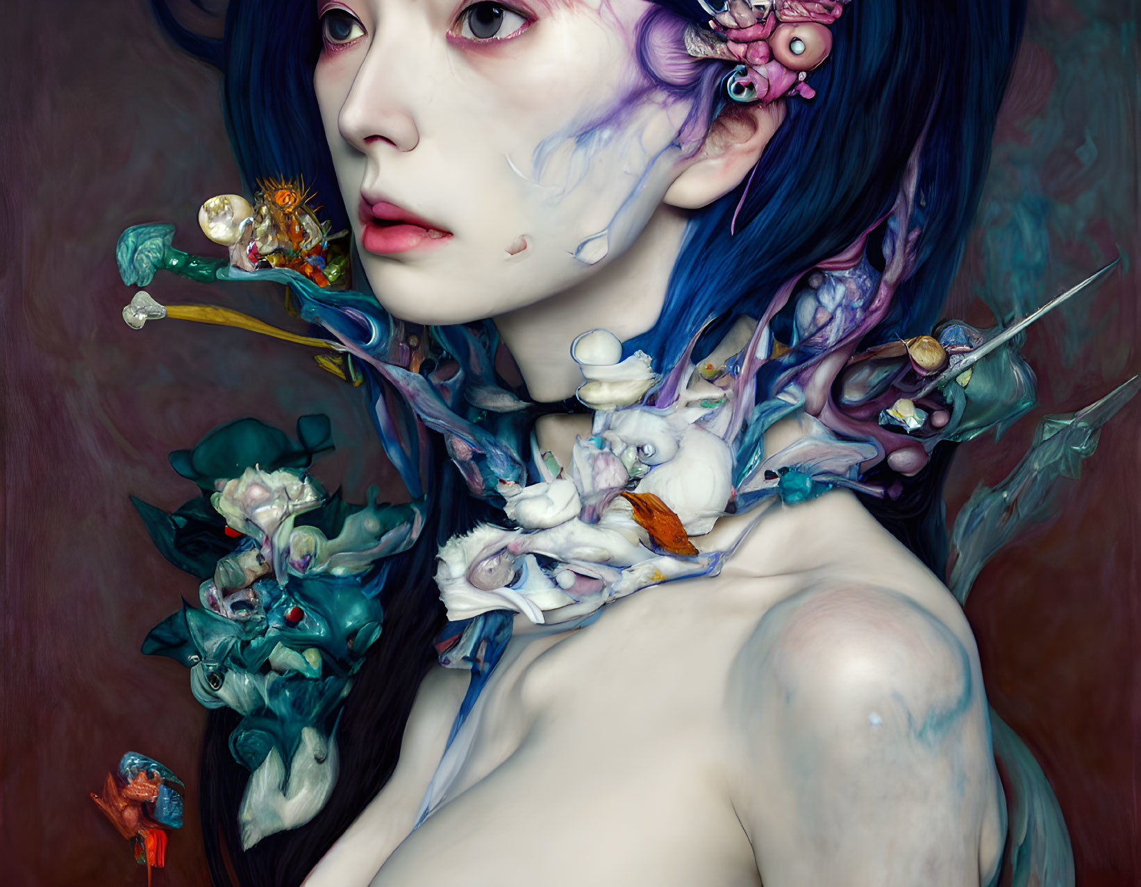 Fantastical portrait of person with blue hair and floral elements