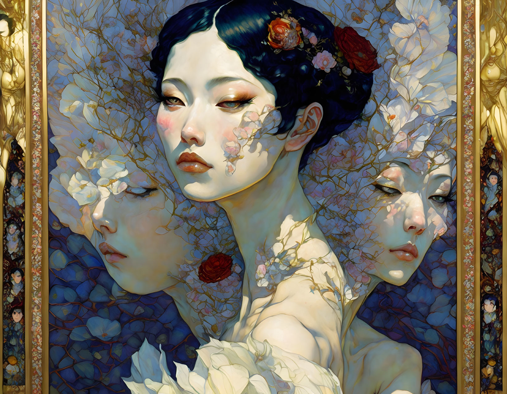 Ethereal artwork of woman with serene faces among white flowers