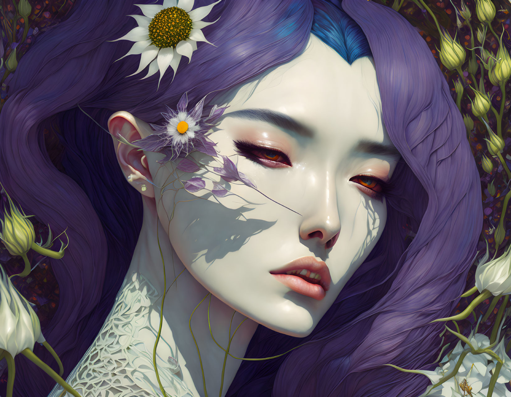 Detailed Illustration: Woman with Purple Hair and Floral Motifs surrounded by White Flowers