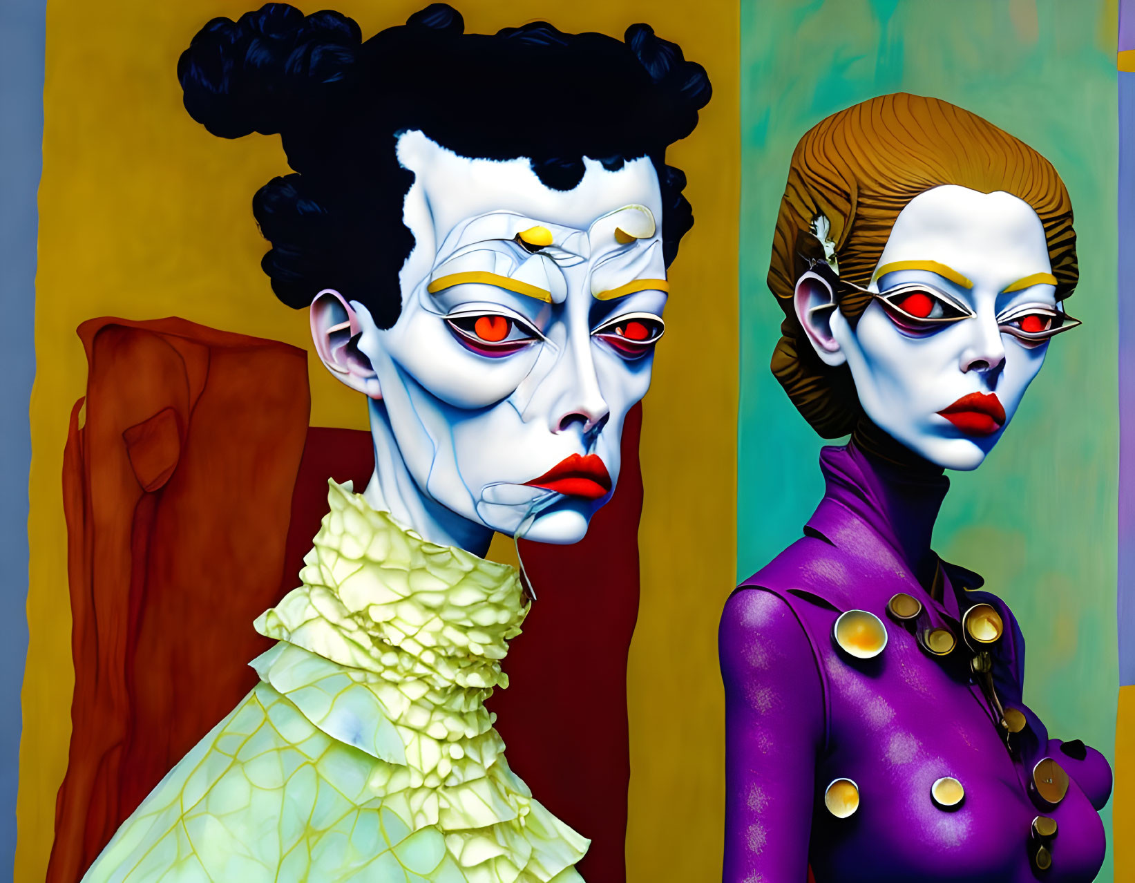 Colorful avant-garde outfits on artistic female figures pose against multicolored backdrop