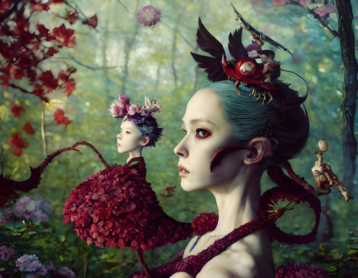 Whimsical characters with floral headpieces in enchanted garden