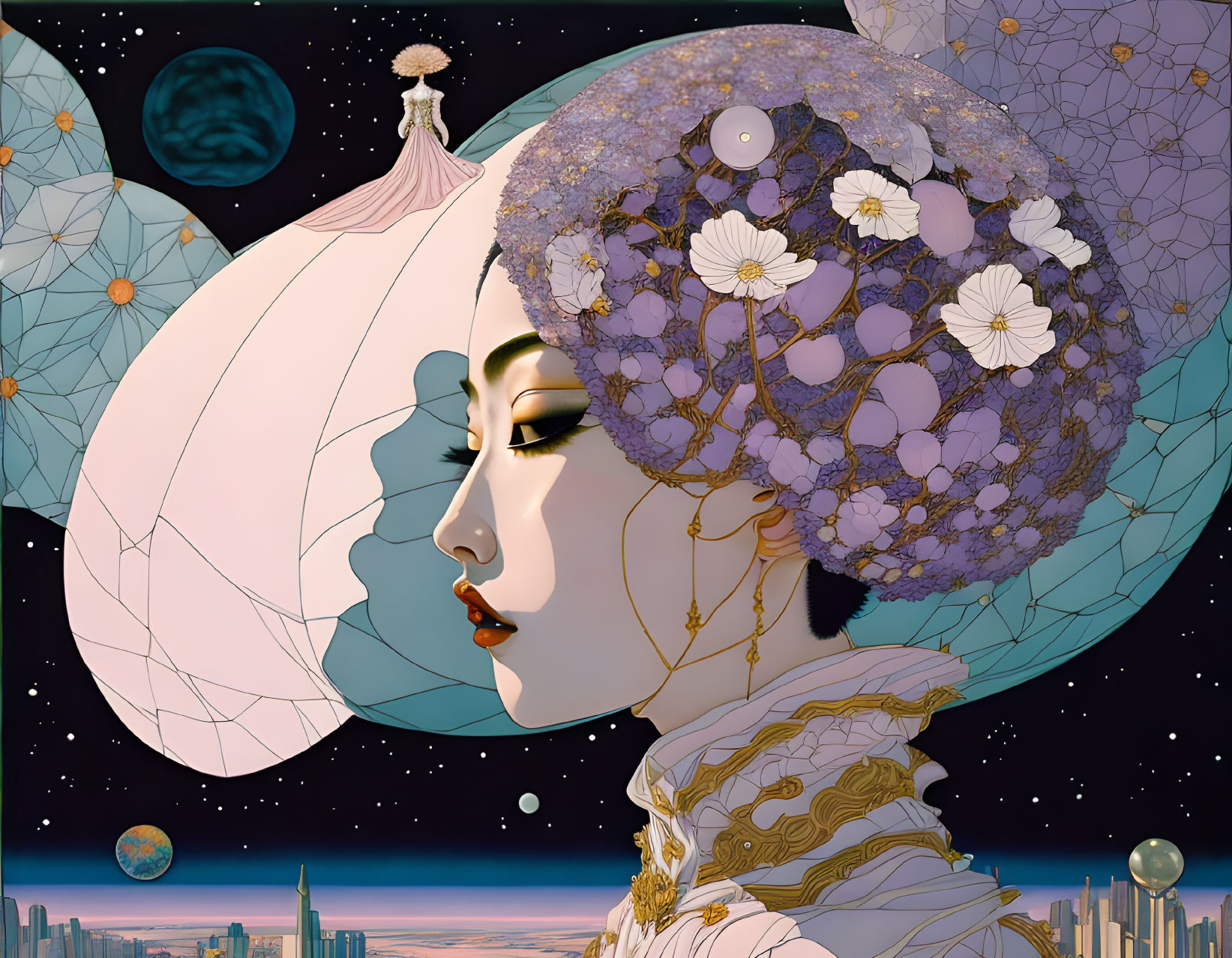 Illustrated portrait of woman with floral headdress in fantasy night sky.