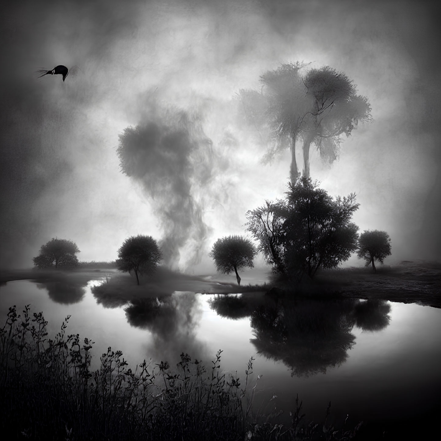 Monochrome landscape with silhouetted trees, bird in flight, and delicate flowers