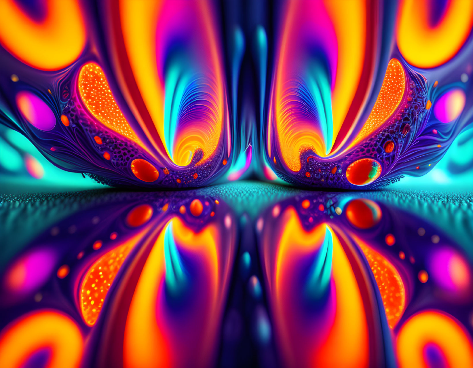 Symmetrical abstract fractal art with swirling shapes in blue, orange, and purple