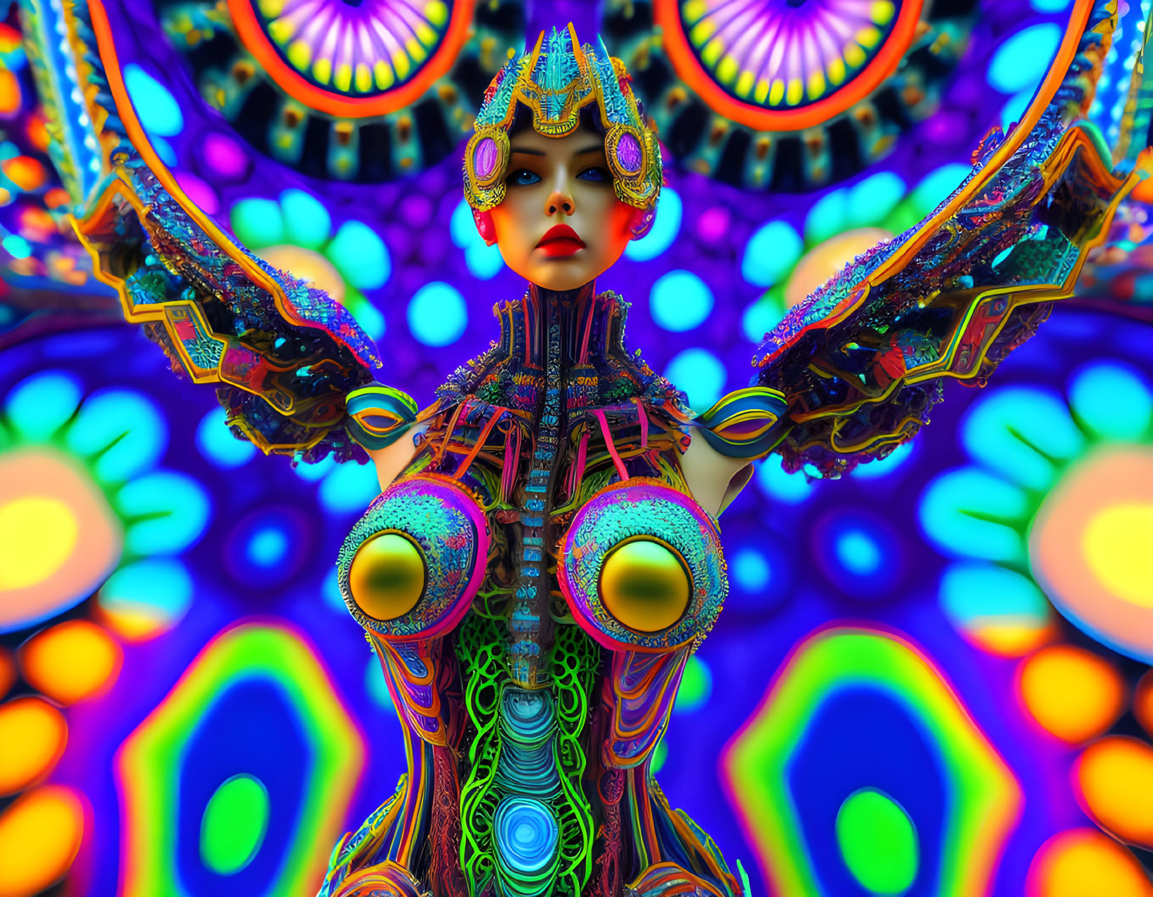 Vibrant digital art: humanoid figure in intricate patterns