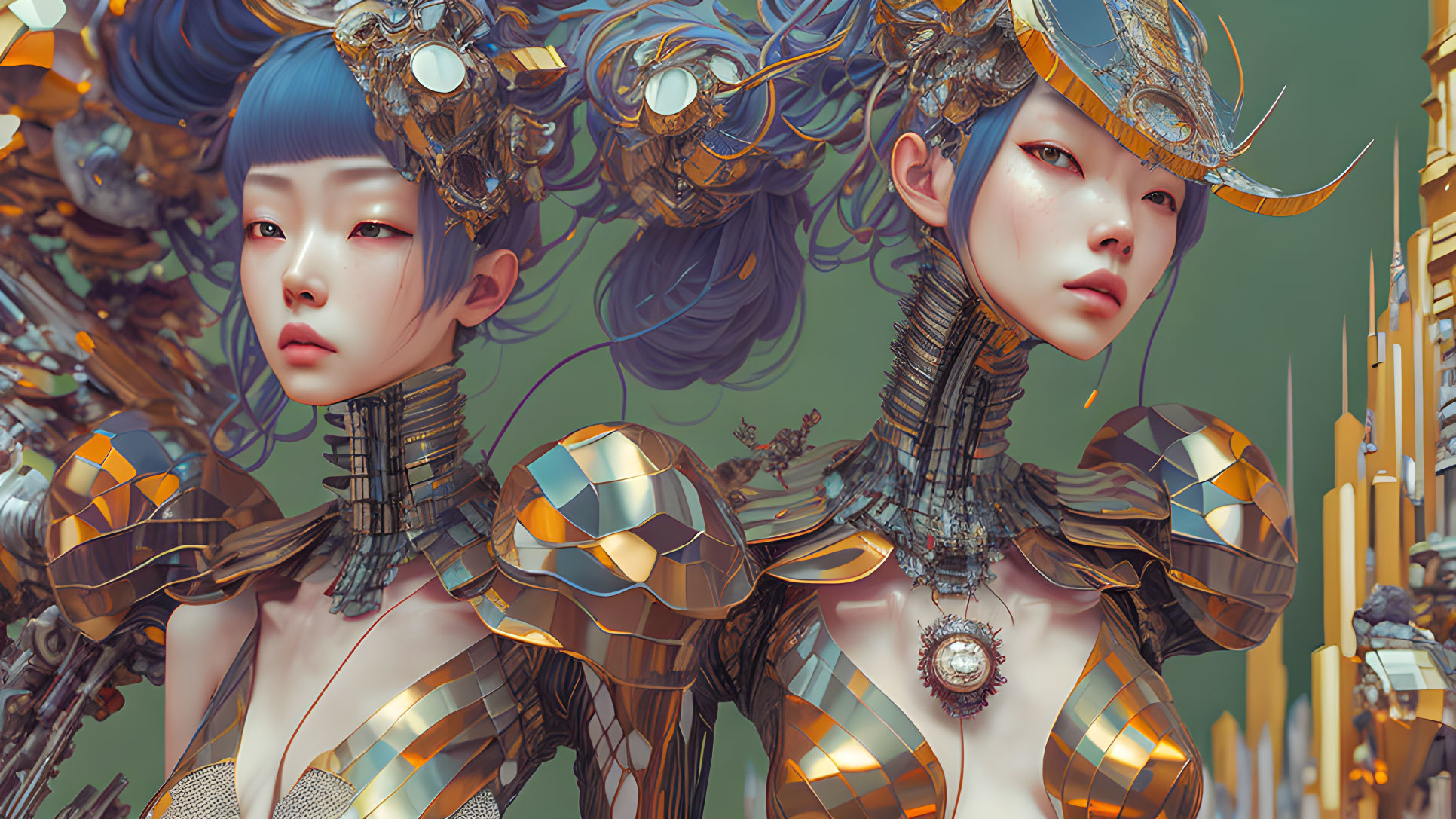 Stylized female figures with golden headpieces and reflective armor on green background