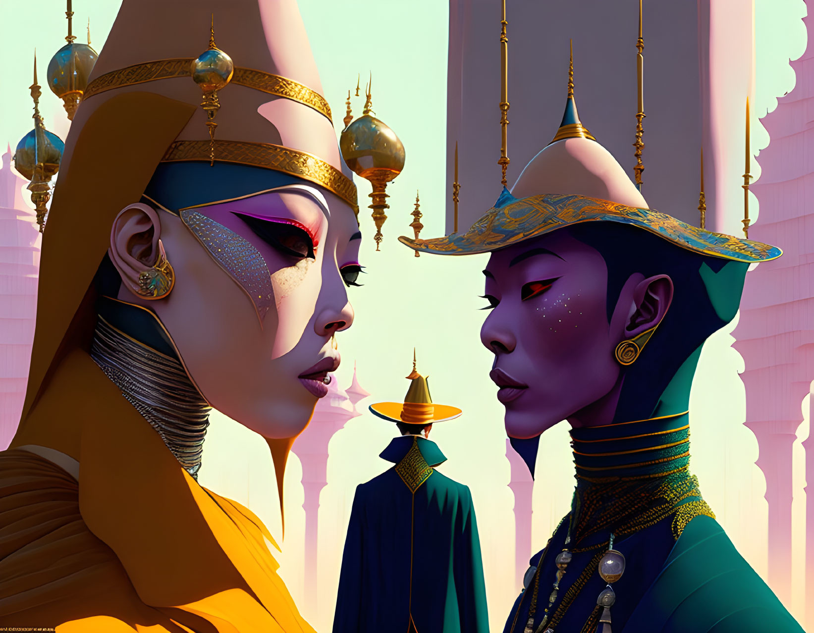 Stylized characters in regal attire with intricate makeup in front of pink-hued architecture