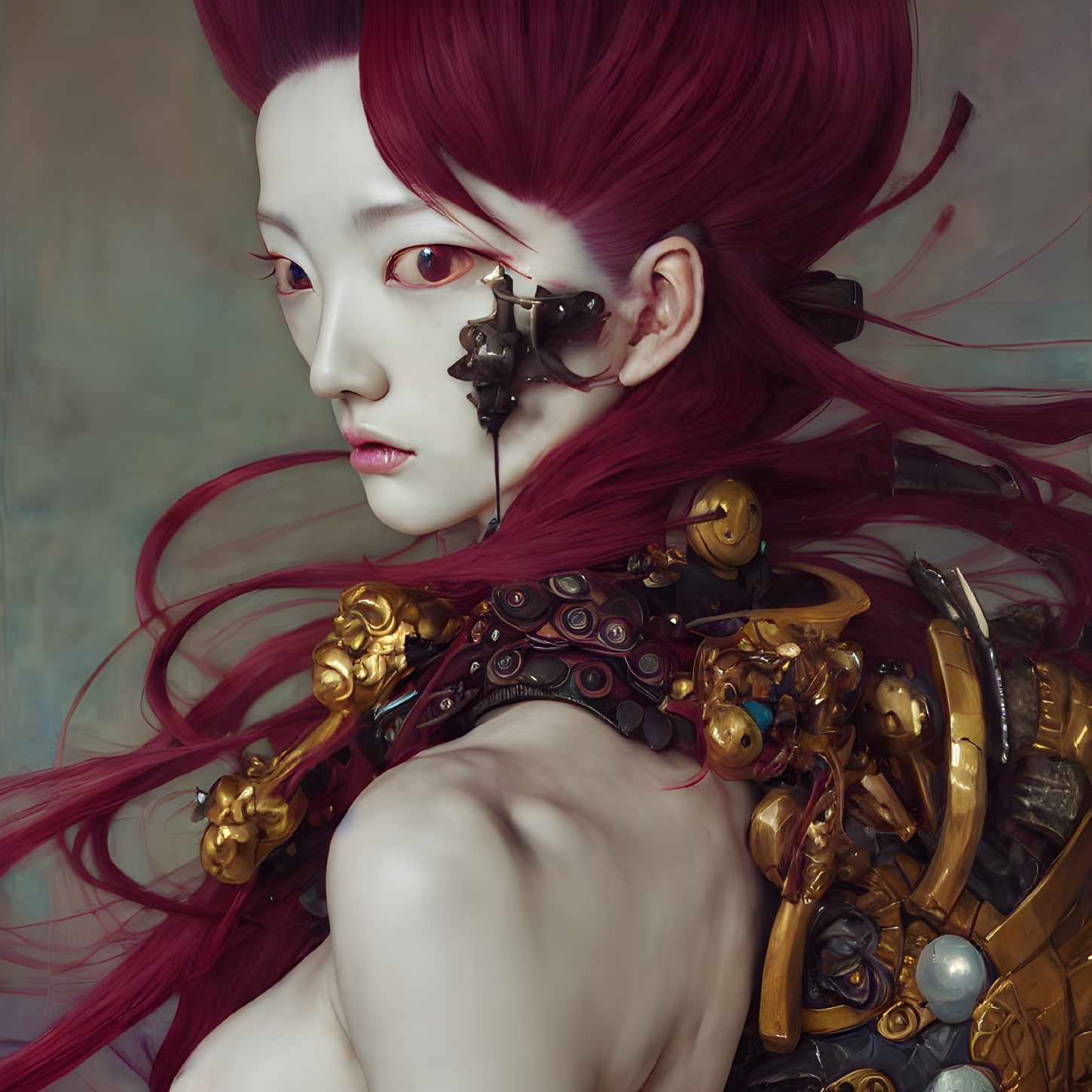Vibrant Red-Haired Woman with Mechanical Augmentation in Cyberpunk Setting